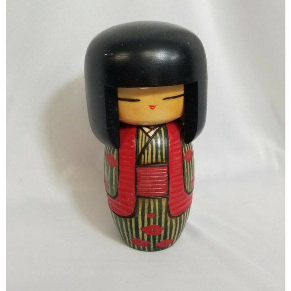unbranded Other - Vintage Signed Hand Painted Wooden Japanese Red Poppies 6.5" Kokeshi Doll